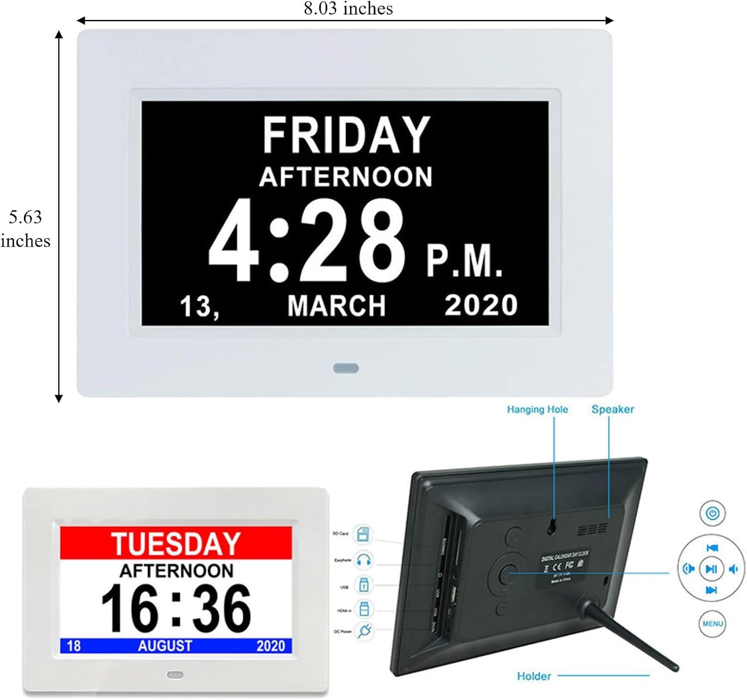 7" Large Display Digital Clock with Detailed Time & Date, Multiple Alarm Reminders,Language Options,Plug-in operation,Designed specifically for the — image 2