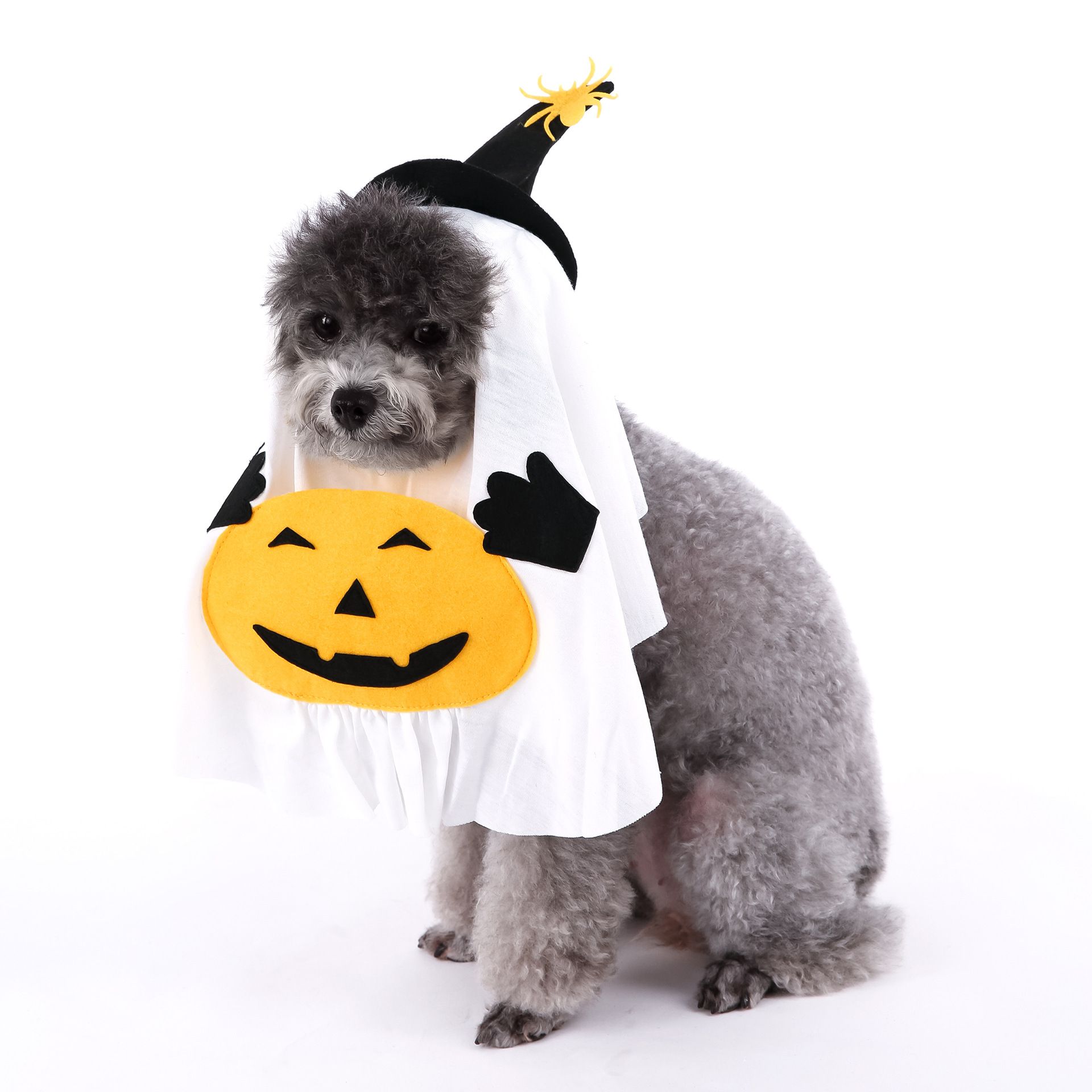 L Size Halloween Pumpkin Ghost Dog Costume - Polyester Pet Fancy Dress with Witch Hat and Spider Detail, Lightweight for Small Dogs and Cats — image 4