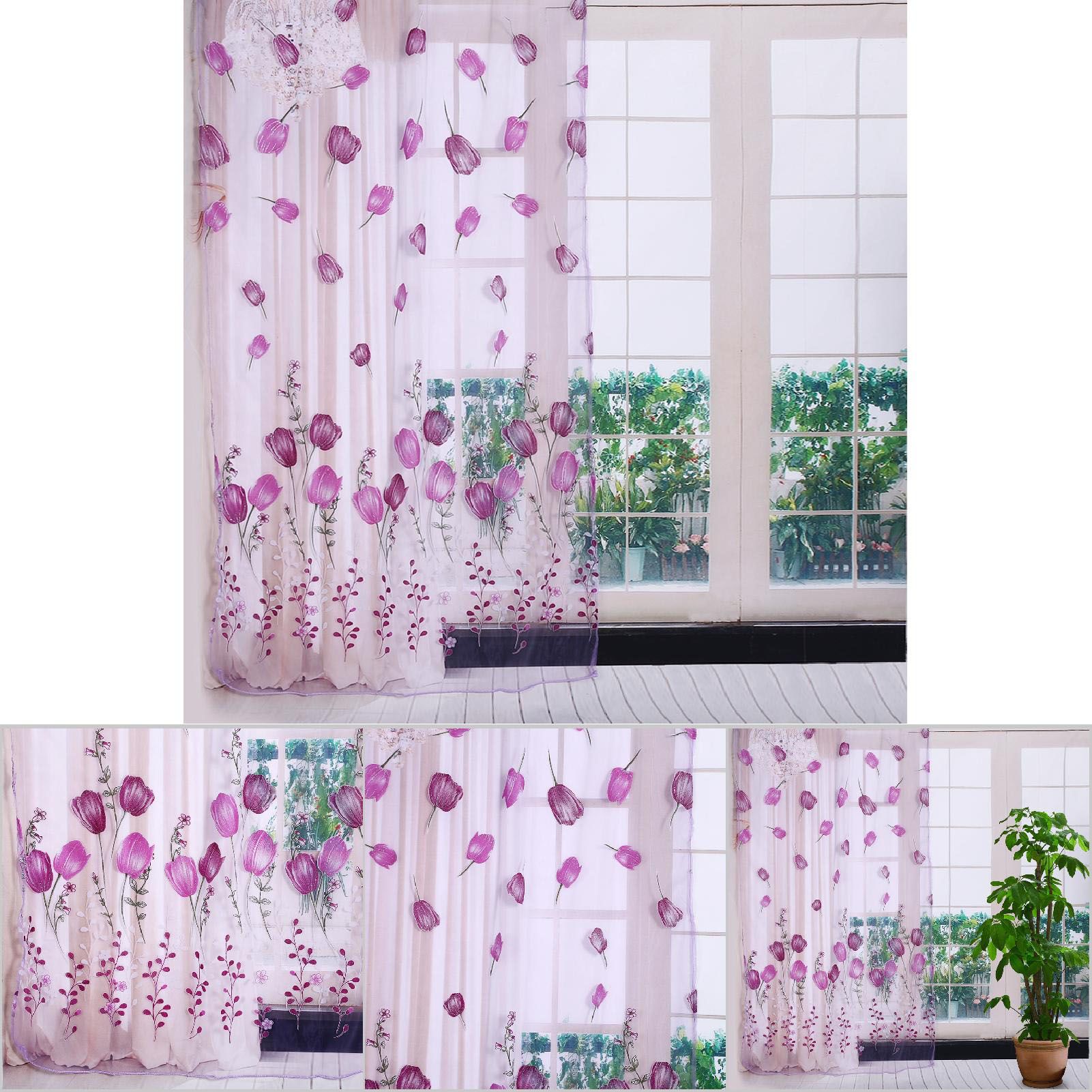 100*200cm Tulips Printing Tulle Curtains Sheer Drape Balcony Window Decoration Purple โ image 5