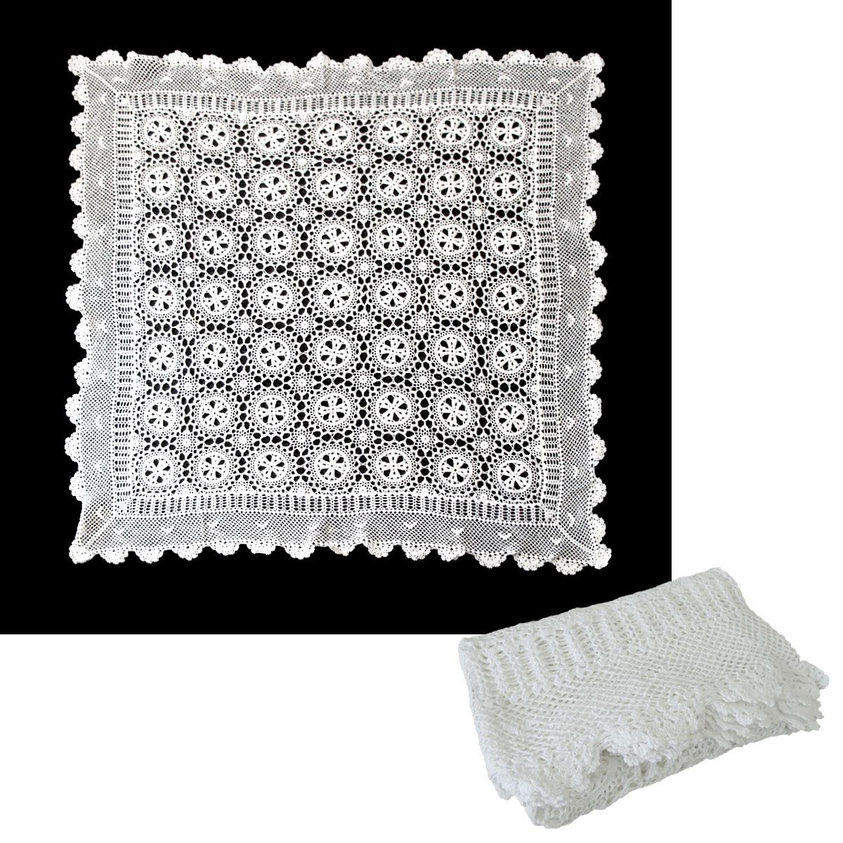White Knitted Crochet Cotton Tablecloth Square 137 x 137 cm Scalloped Edging 4-Seater โ image 2