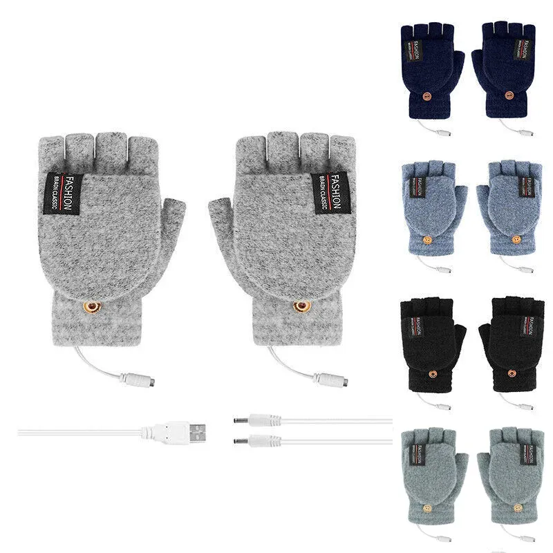 USB Heated Half Finger Gloves Winter Warm Knitted Gloves for Typing and Office Use - Grey β image 3