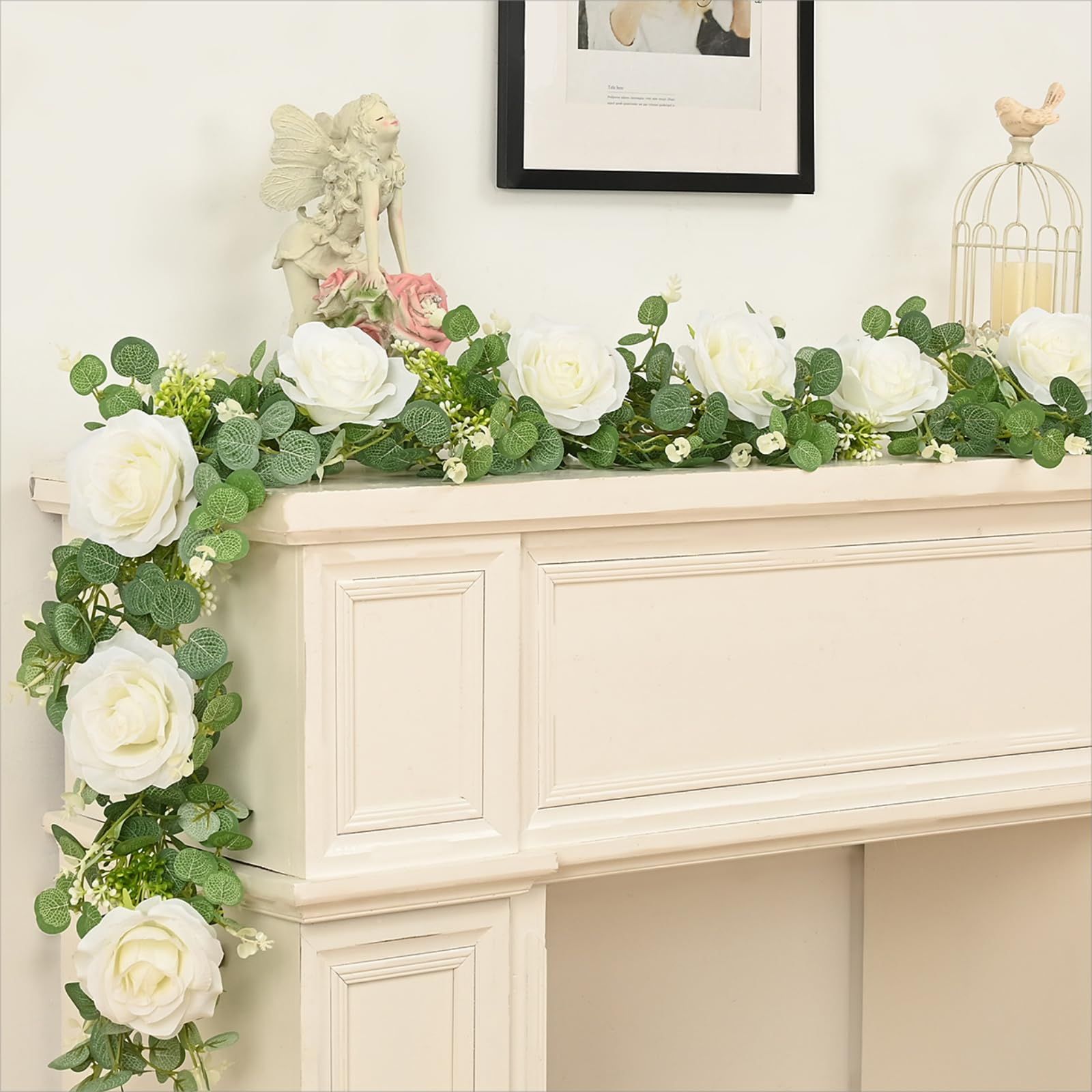 2 Packs 175cn Eucalyptus Garland with Flowers - 6White Roses, Artificial Flower Fake Rose Vine Faux Greenery for Wedding Backdrop Arch Table Wall Party Home — image 4