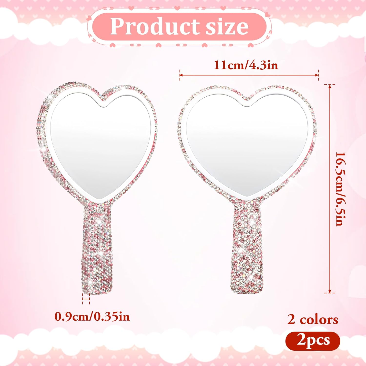 Vin Beauty 2 Pcs Rhinestone Heart Handheld Mirror White and Pink Bling Heart Shape Mirror Portable Cute Handheld Mirrors Travel Makeup Lash Mirrors for Eyelash