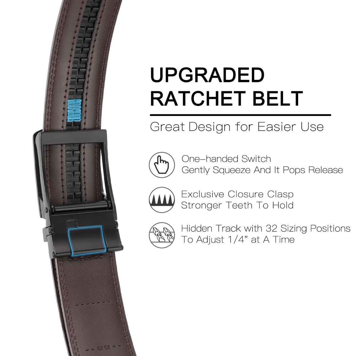 Ratchet Belt for Men Genuine Leather - Micro-Adjust Buckle Trim to Fit Dress Belt Casual to Formal Gift Boxed - Basic Black - Brown - Size 42"-50" — image 5