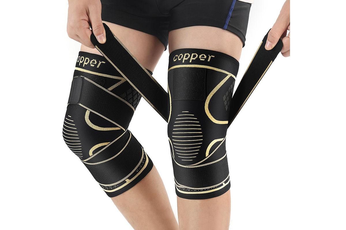 2 Pack Copper Knee Braces with Strap for Knee Pain Women Men Knee Support - L