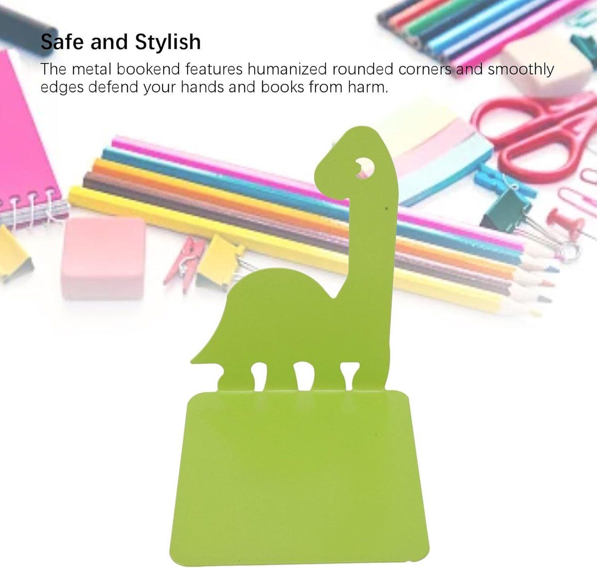 2-Piece Green Dinosaur Metal Bookend Set, Non-Slip Children's Desk Organizer, 12.5 x 16 cm โ image 2