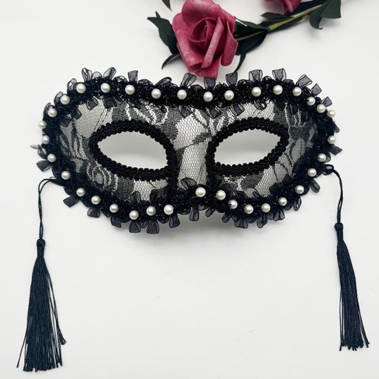 Masks - Halloween Half Face Pearl Lace Ribbon Mask - Masquerade Cosplay Party - Photography Props - 2 Items — image 3