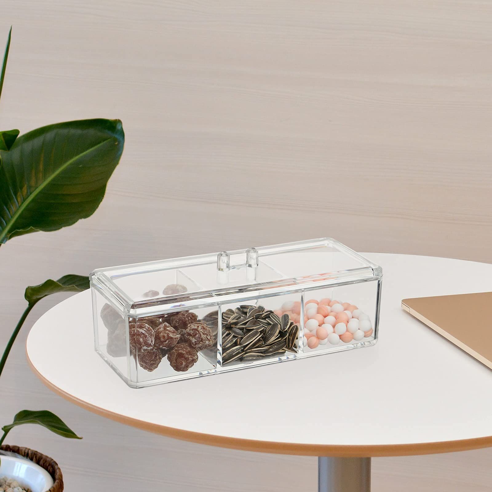 Organizer, Clear Acrylic Vanity Desk Storage and Organizer, 3 Compartment Make Up Holder with Lid Bathroom 9.17x3.7X3.46 Inch β image 5