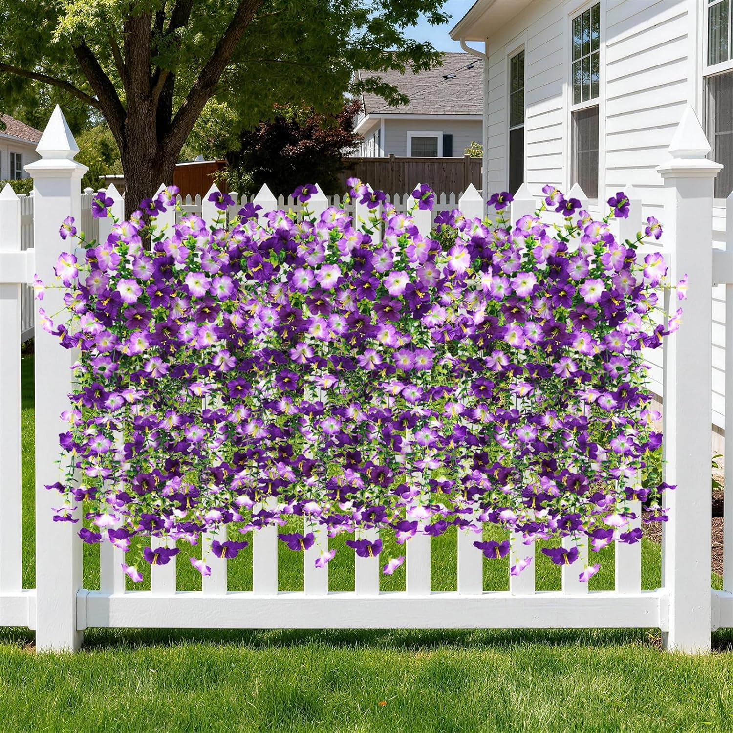Artificial Fake Hanging Flowers Plants for Outdoor Spring Decoration,2 PCS Faux Silk Morning Glory with Eucalyptus Leaves,UV Resistant Realistic Trailing Vines — image 4