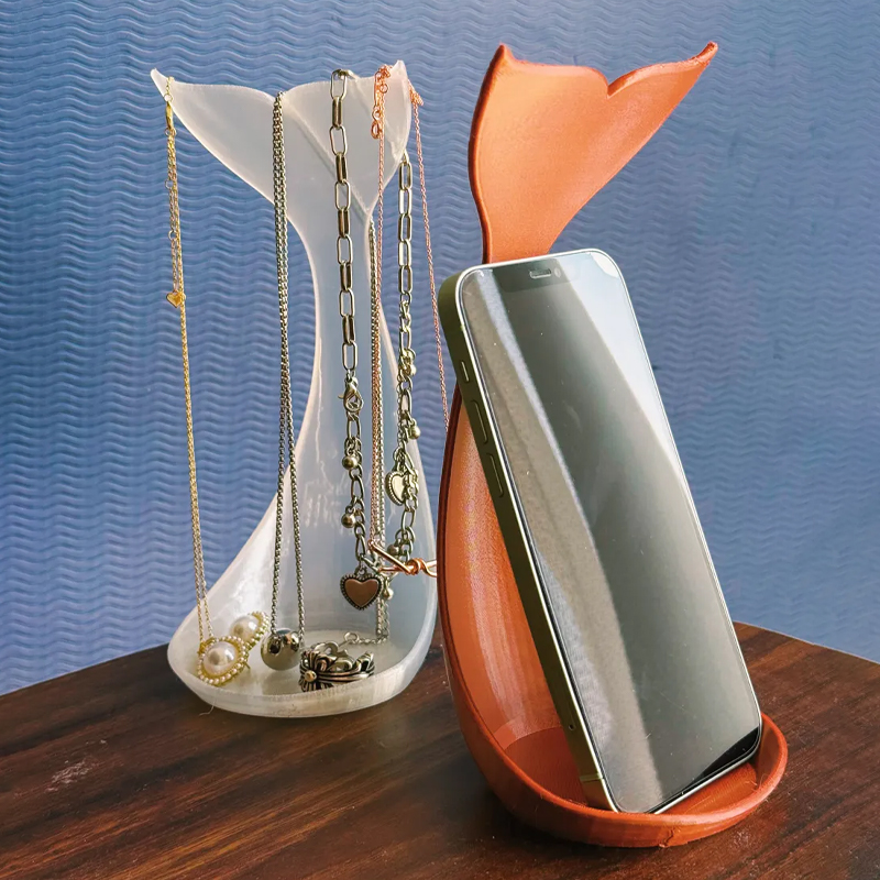 3D printed fishtail jewelry stand, single piece, white silk — image 3