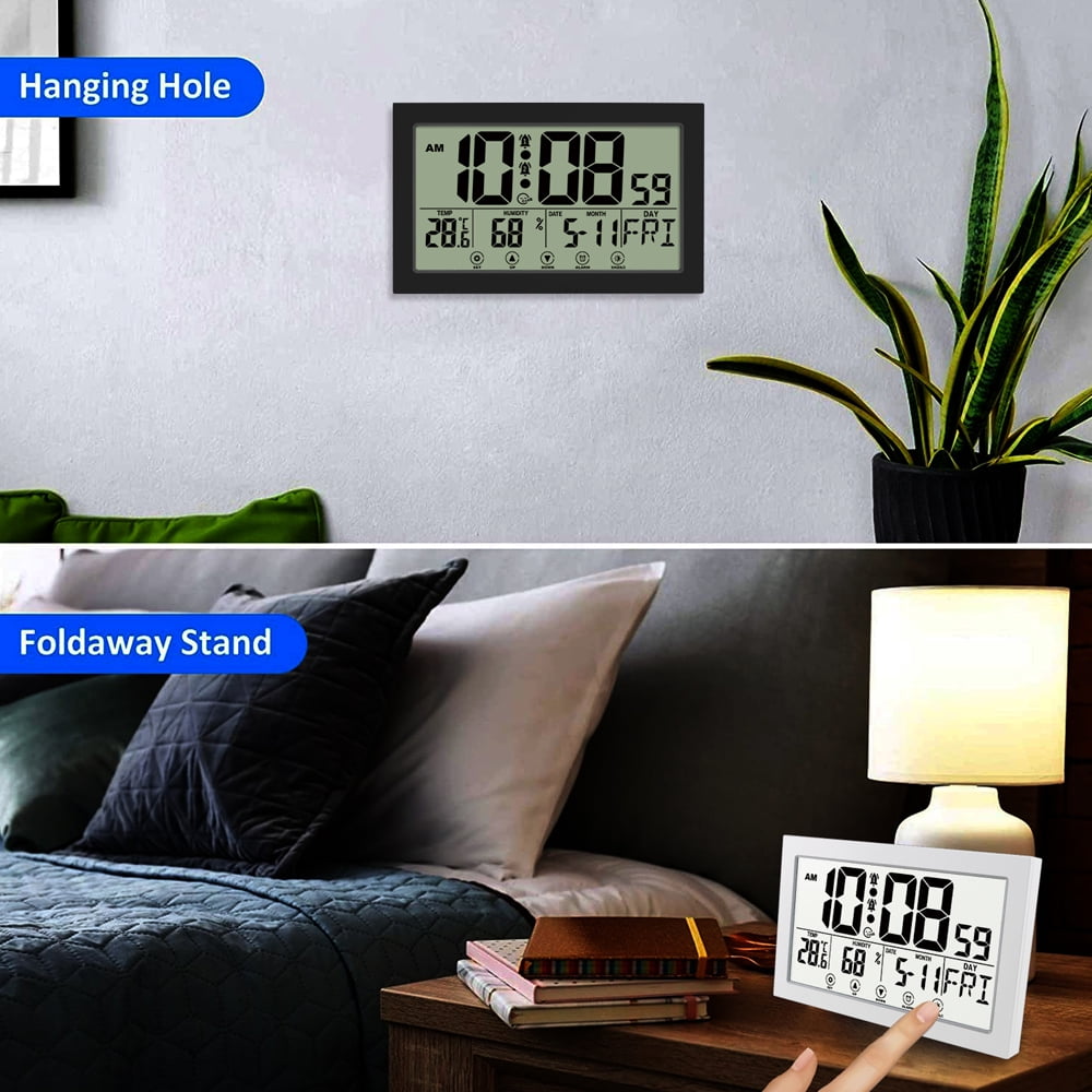 Auto Set Digital Wall Clock Battery Operated,Desk Clocks with Temperature,Humidity , Display Digital Calendar Alarm Clock for — image 5