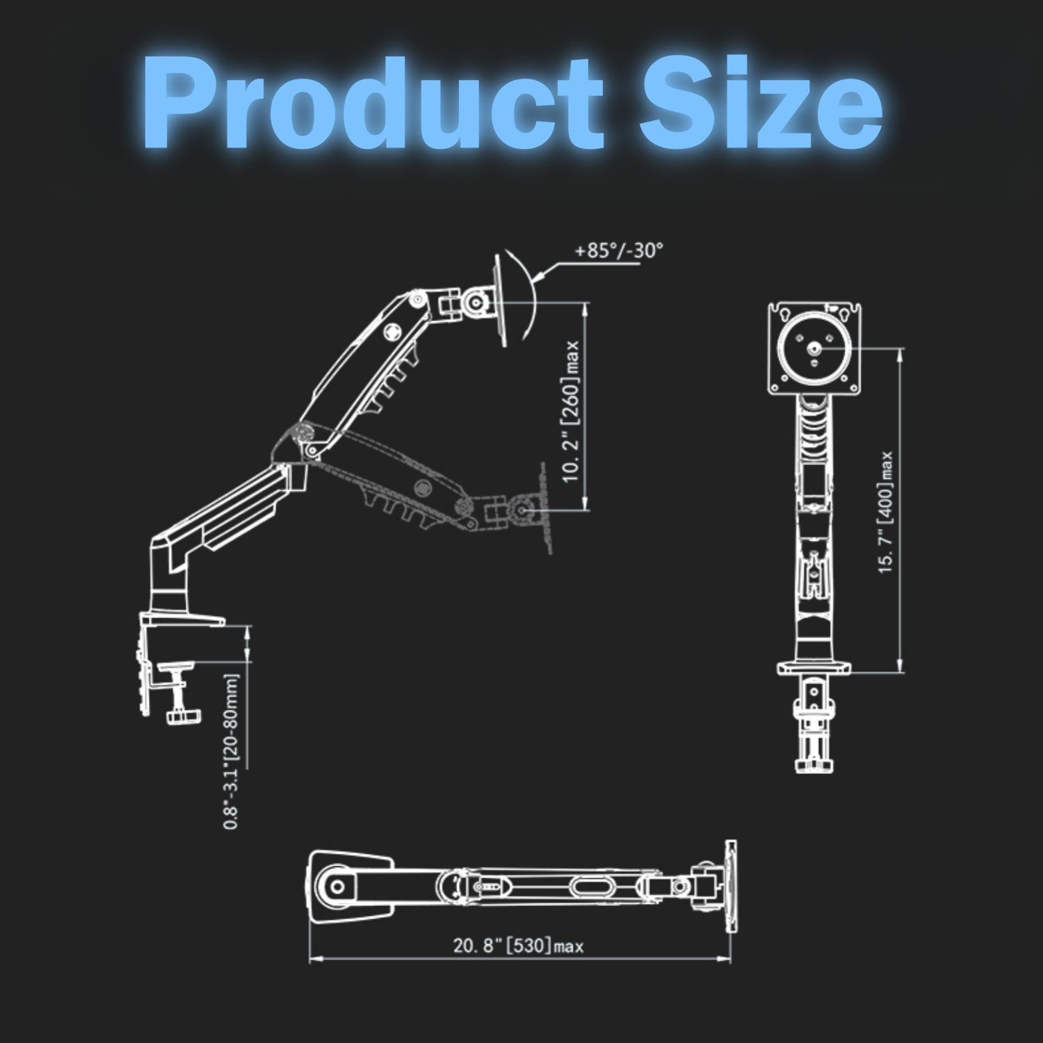 Single Monitor Arm for 17-30 Inch Screens,Height Adjustable Desk Mount Sliver Aluminium Monitor Stand, VESA 75/100mm with C-Clamp/Grommet Base&Gas — image 6