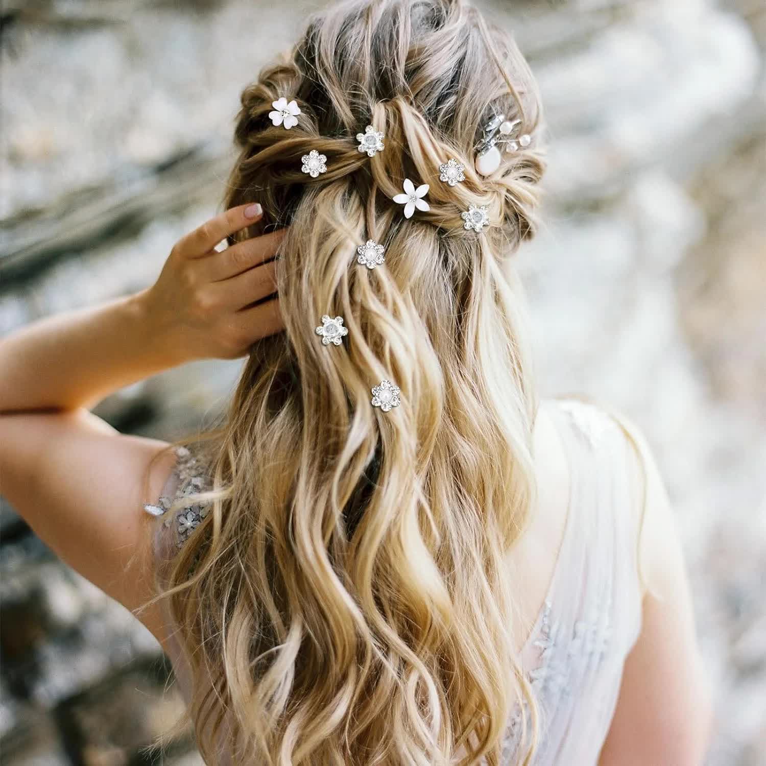 Mini Rhinestone Hair Pins - 20Pcs Cute Small Decorative Wedding & Bridal Barrettes With Flowers for Girls & Women (4 Flower Patterns) — image 4