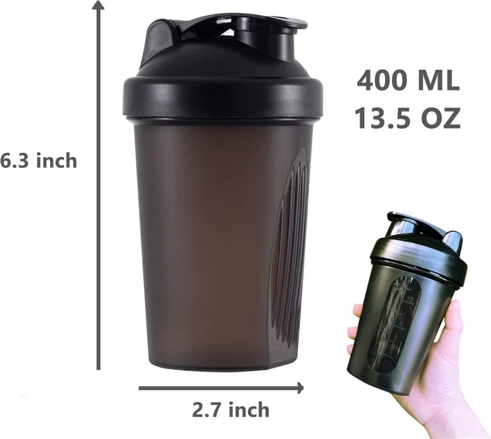 400 ml Protein Shaker, Leak-proof Water Bottle with Stainless Steel Strainer and Measuring Scale, Black — image 2