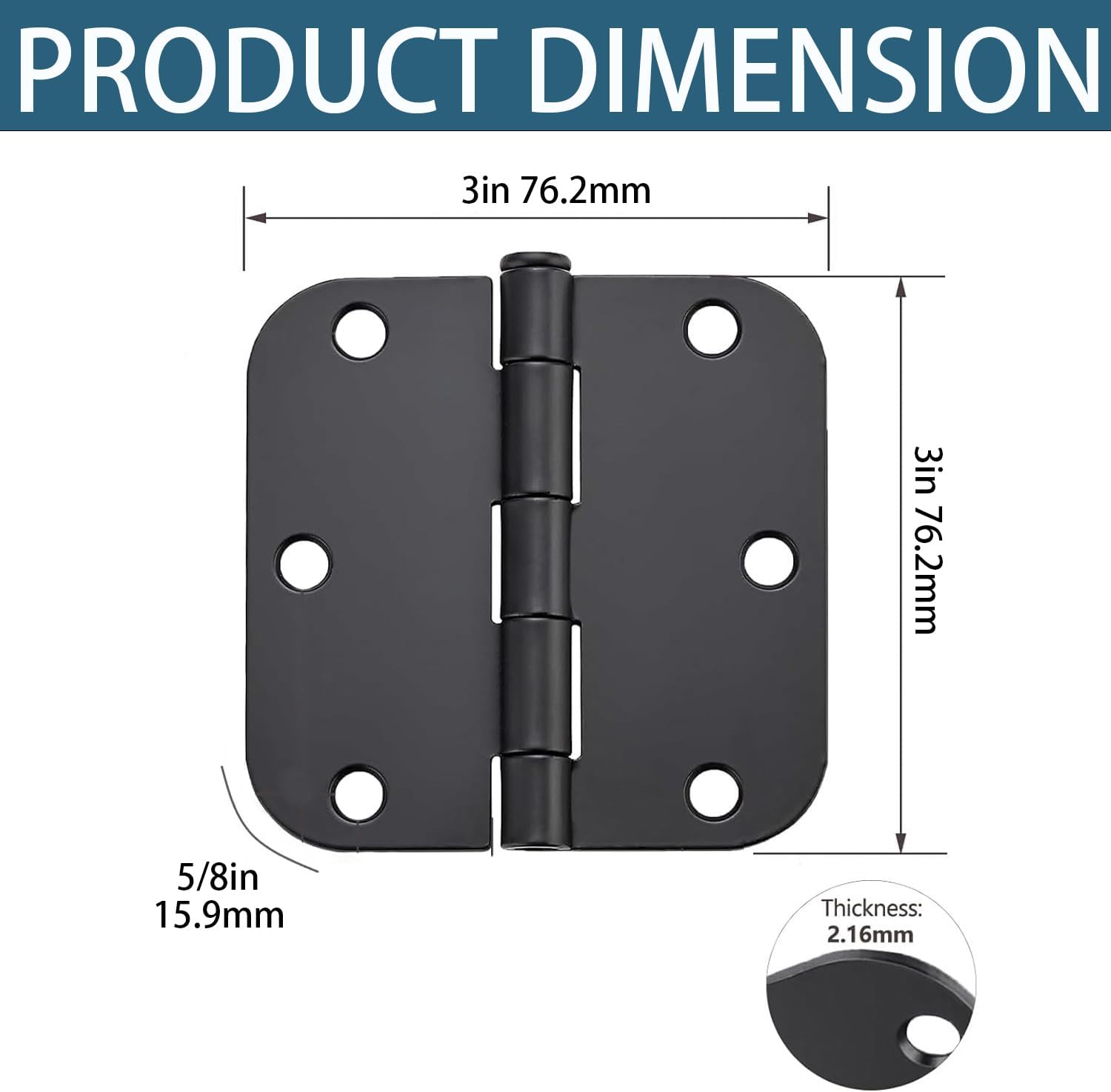 20 Pack Matte Black Door Hinges 3x3 Inch Standard Bedroom Door Hinge,Black Hinges for Interior Doors Rounded 5/8" Radius Corners Iron Hinge Door Round Hinge — image 4