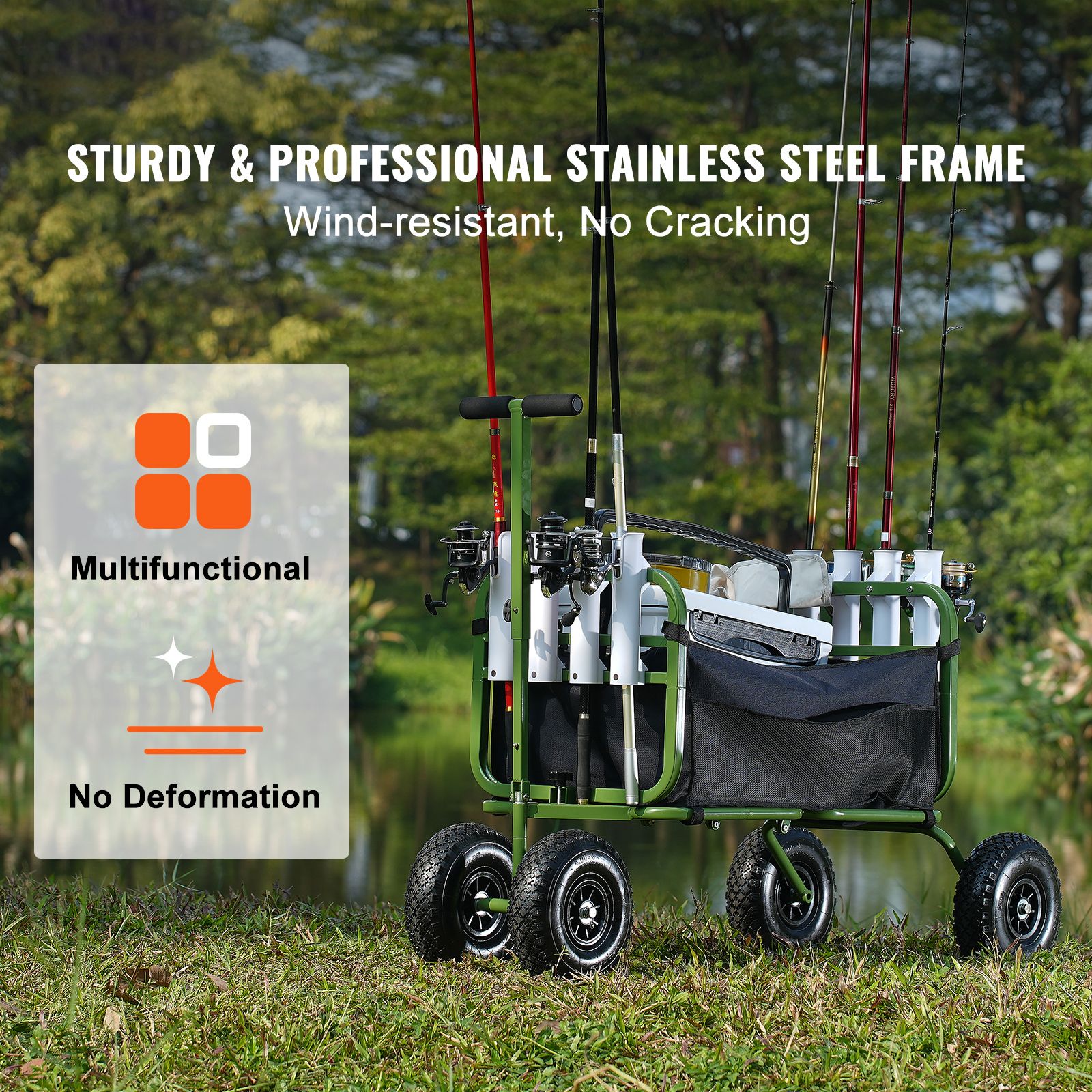 Beach Fishing Cart, 136kg Load Capacity, Foldable Fish and Marine Cart with Four 280mm Big Wheels Rubber Balloon Tires, Heavy-Duty Steel Pier Wagon Trolley — image 2