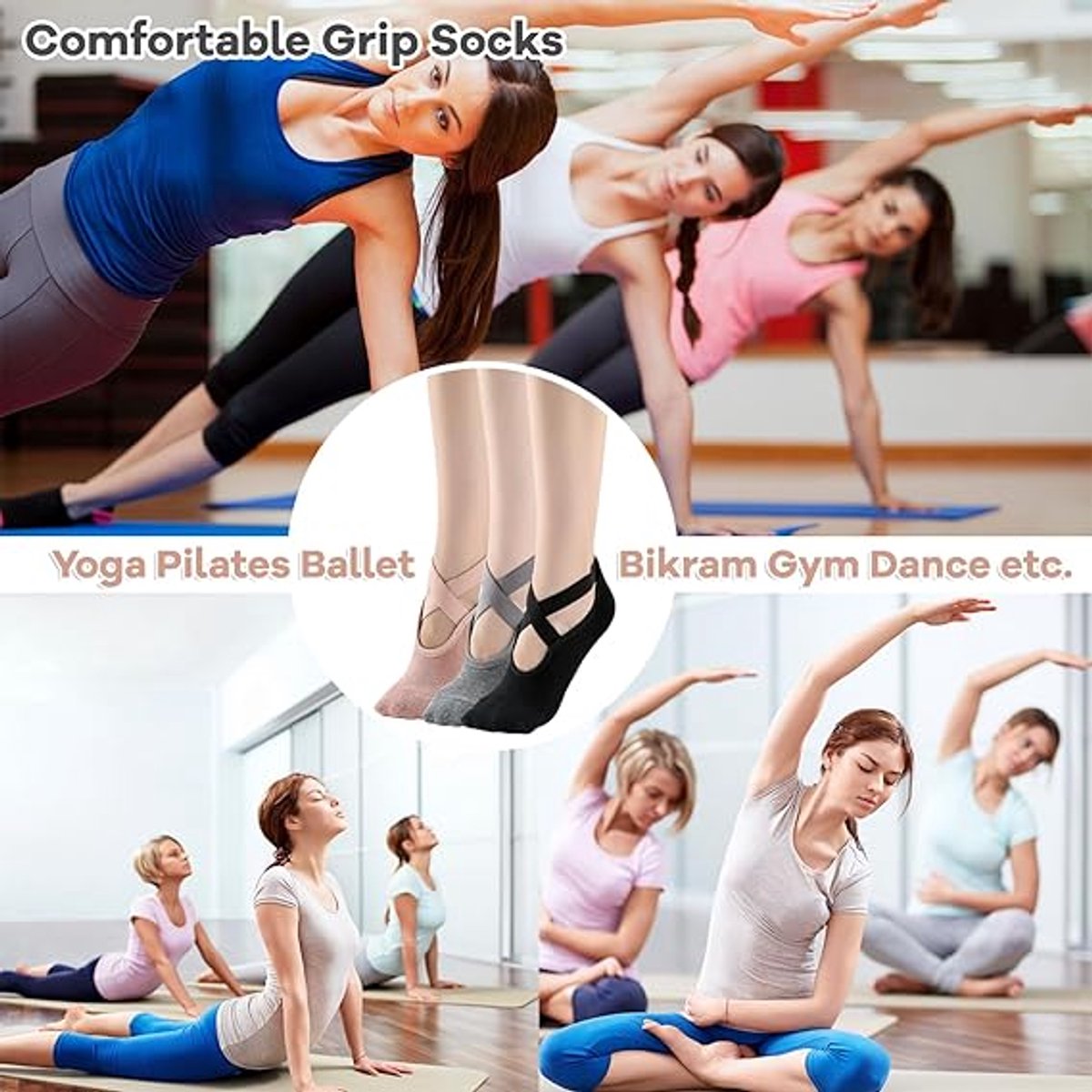 3 pairs of yoga socks - Pilates socks - non-slip socks - sports socks - ballet socks - for yoga pole Pilates dance - black, dark grey and pink — image 5
