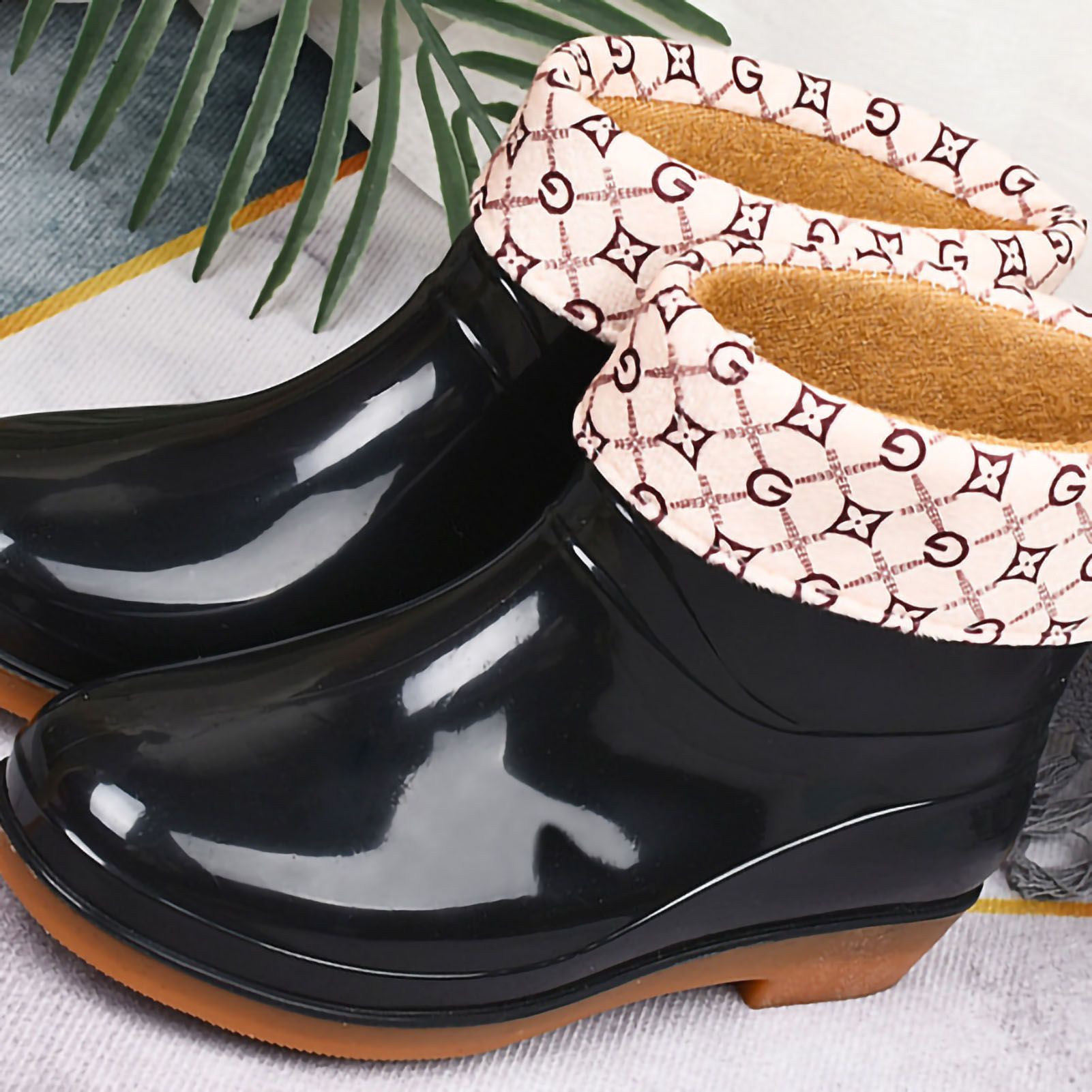 Womens Rain Boots Fashion Antiskid Short Rain Boot Round Head Radian PVC Plastic Rain Boots Black Padded 39 โ image 2