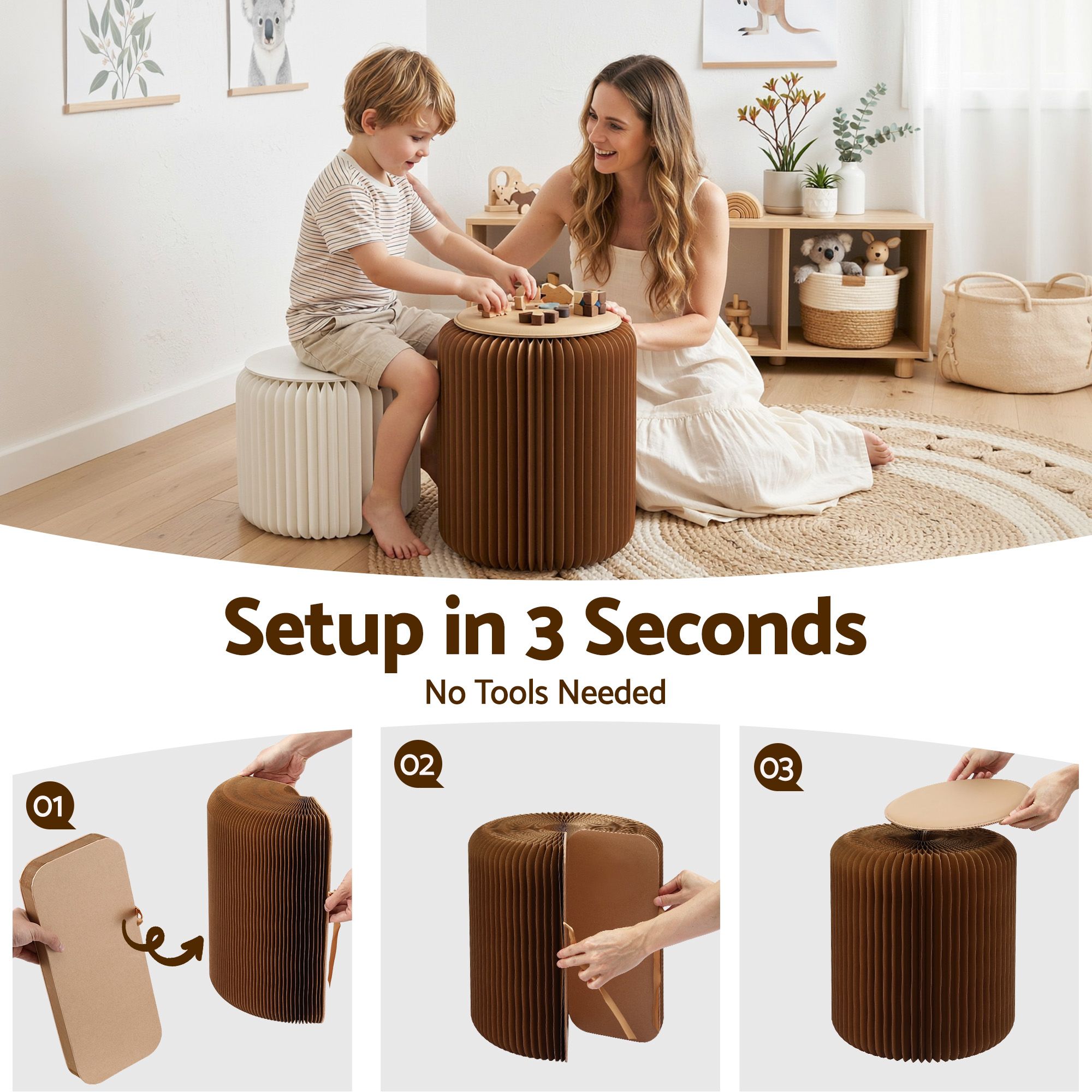 Artiss Accordion Folding Paper Stools Set Includes 2 Cushions Natural Kraft 100KG Capacity — image 4