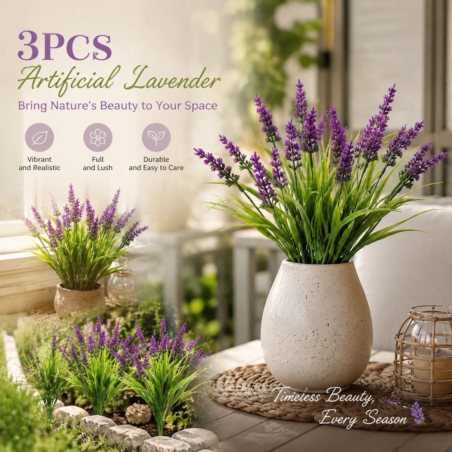 Lotus Pink 7 Stem Faux Lavender Stems Indoor Outdoor Garden Ornament Set of 3