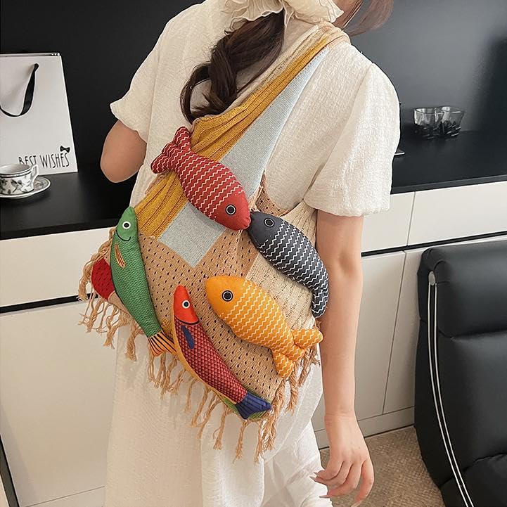 Boho Knit Tote Bag with 3D Fish Applique – Patchwork Shoulder Bag for Women, Beach, Travel & Daily Use – Soft Fringe Design (Khaki) — image 3