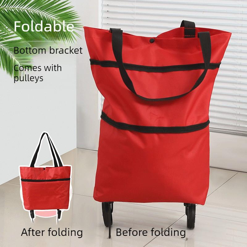 Foldable Shopping Trolley with Wheels, Portable Large-Capacity Oxford Cloth Shopping Cart, Home Delivery Cart - Red