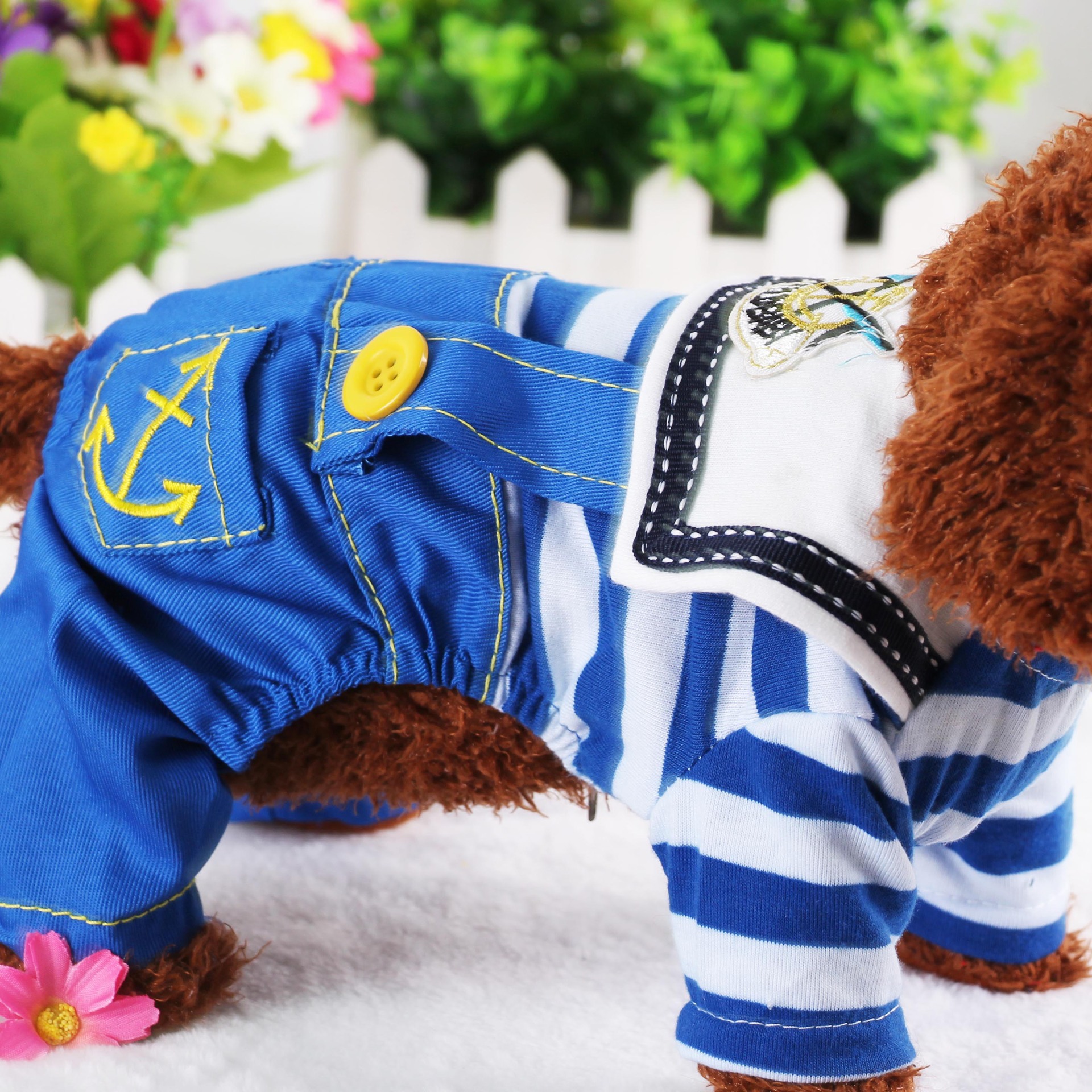 Blue Cute Sailor Dog Outfit - Striped Shirt & Anchor Overalls for Small Dogs (Size: S ) — image 2