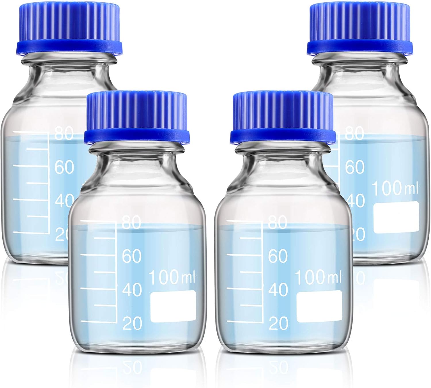 4 Pieces Glass Round Media Storage Glass Bottles Borosilicate Media Bottles with GL45 Blue Screw Cap for Lab Water Reagent Liquids(100 ml)