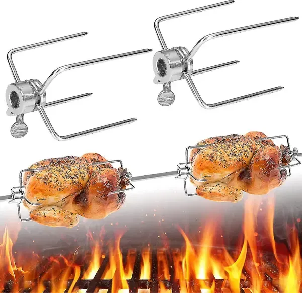 2 Pack 304 Stainless Steel Rotisserie Forks, Adjustable 4-Prong BBQ Spit Clamps for Chicken and Meat, Silver, 10 x 7 cm