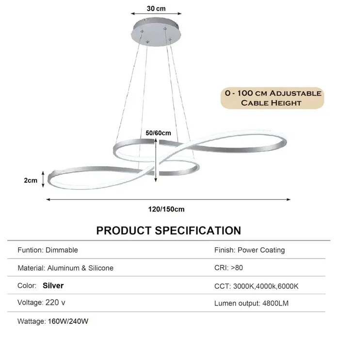 BAMDECOR A022 Modern Designer Infinity LED Chandelier Island Ceiling Pendant Light (120/150cm-Silver) — image 4