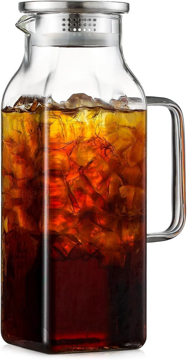 Square glass water jug - with lid and handle - refrigerator safe - suitable for hot and cold drinks - large capacity for home and restaurant use - suitable for
