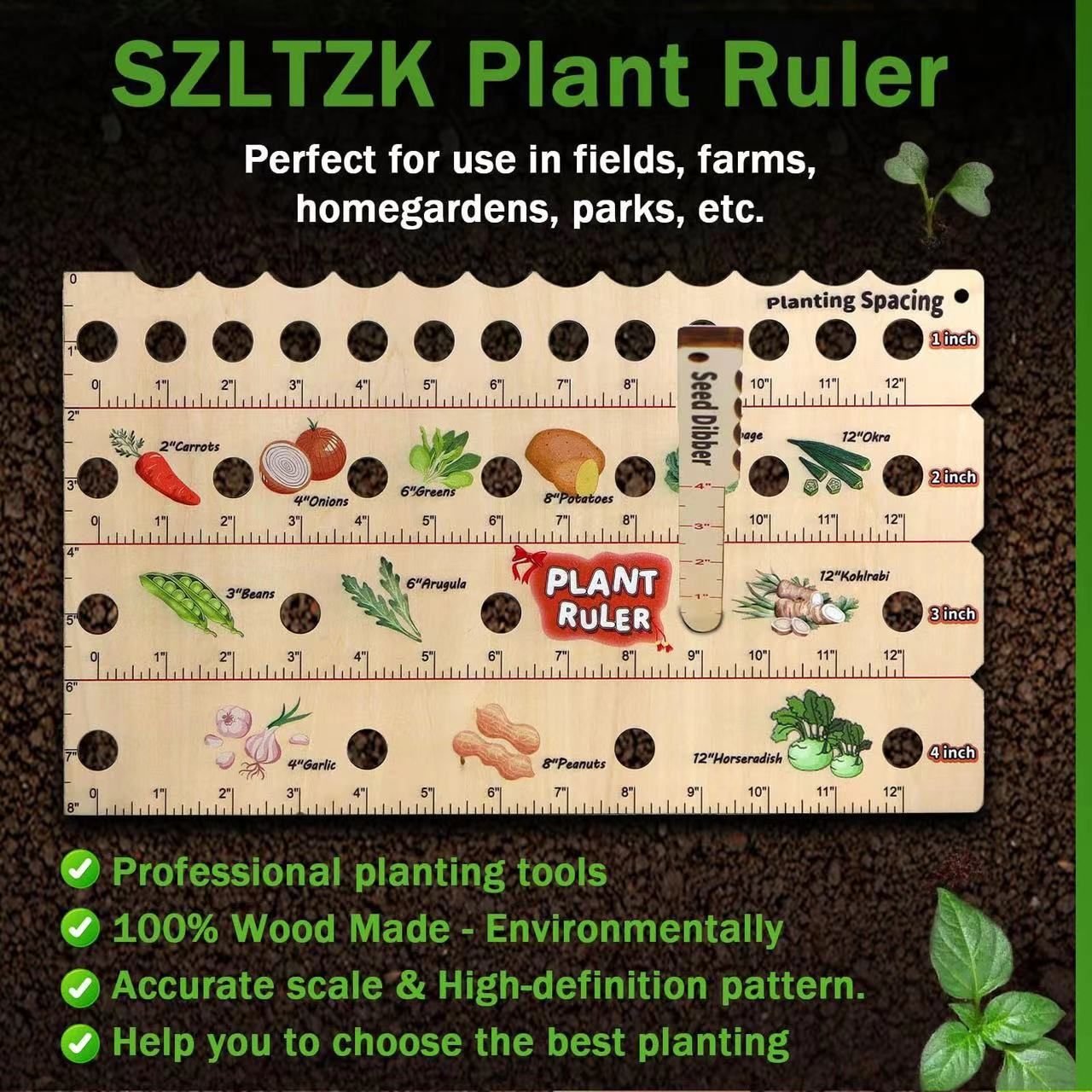 Wooden Plant Ruler with Seed. Multifunction Seed Spacing Ruler with Planting Guide. Garden Ruler with Holes, Gardening Tools — image 5