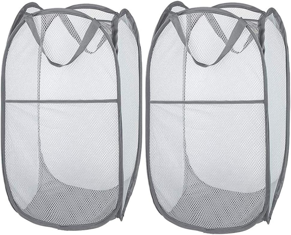 2 Pcs Popup Mesh Laundry Baskets, Collapsible and Portable Clothes Washing Laundry Hampers with Reinforced Carry Handles, Gray Clothes Hamper for Home, Travel