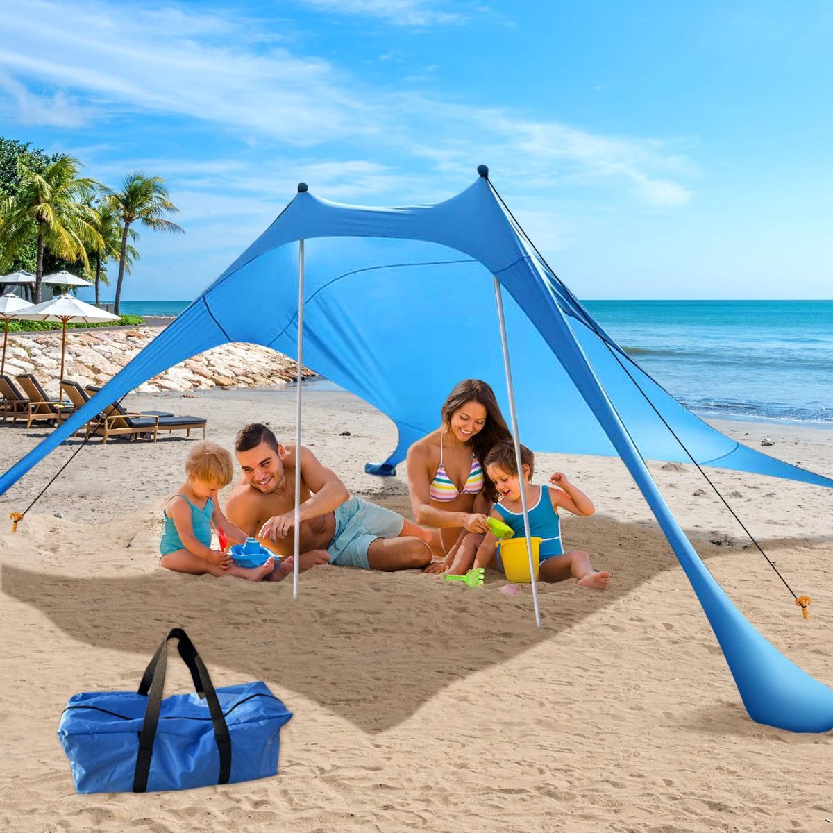 210*170*150CM 2 Poles Beach Tent Shade Canopy with UPF50+ Protection Sun Shelter Portable Camping Tents with Sandbags Poles and Ground Pegs and Anti-Wind Ropes — image 4