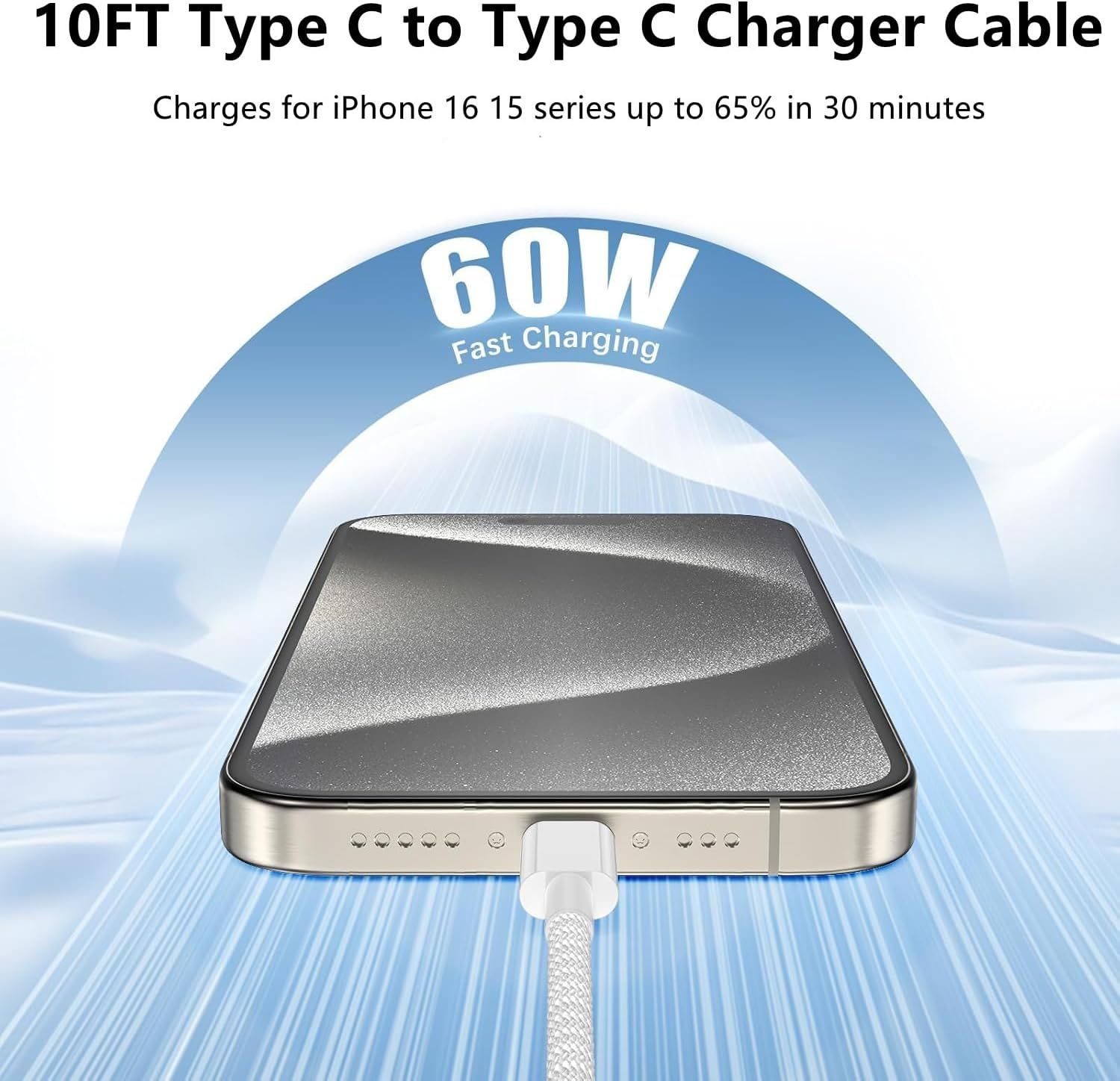 USB C to C Charger Cable 10ft, 60W Type C to C Fast Charging Cable Cord Long for Apple iPhone 17 Pro Max/17 Air/16 Pro Max/16 Pro/15 Plus/15 Pro Max/MacBook — image 4