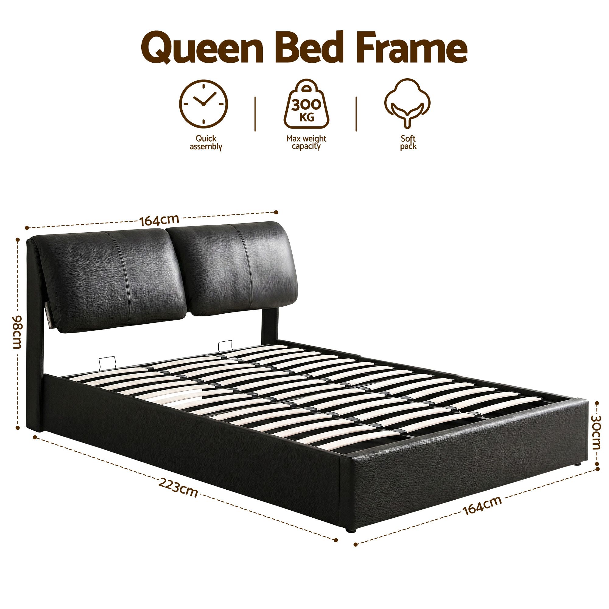 Artiss Queen Bed Frame Gas Lift Storage 3 Drawers Adjustable Headboard Platform Bed Black — image 2