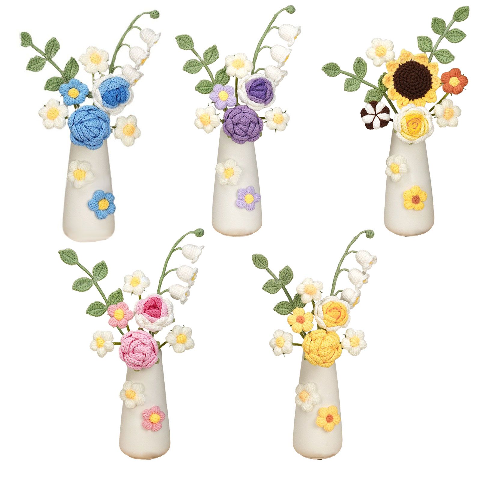 Simulation Woolen Flower Handmade Knitting Artificial Flower Crochet Knitted Flower with Ceramic Vase Table Flower Gift — image 5