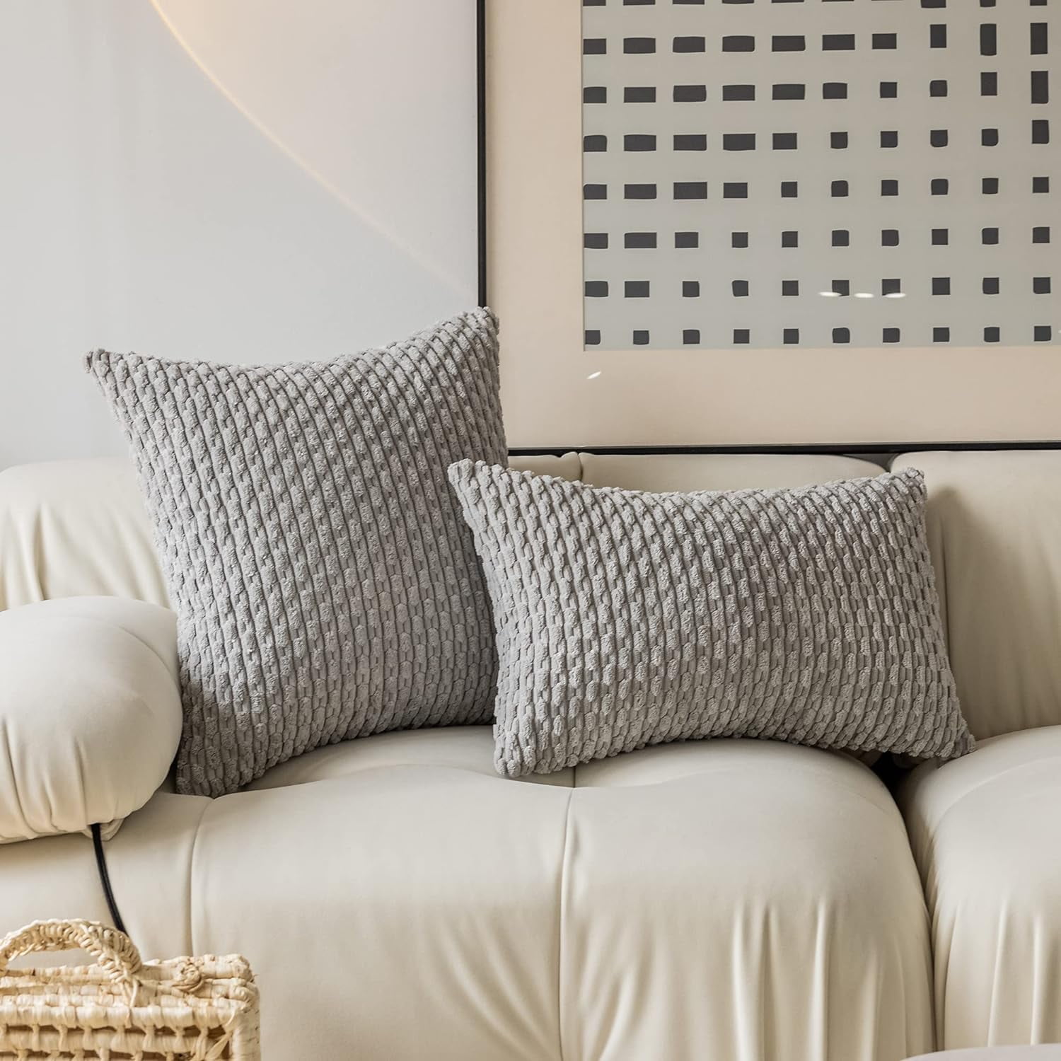 2 Pack Striped Velvet Corduroy Pillow Covers, Decorative Throw Cushion Cases for Couch, Sofa and Bed, 22 x 22-Inch, Light Grey โ image 4