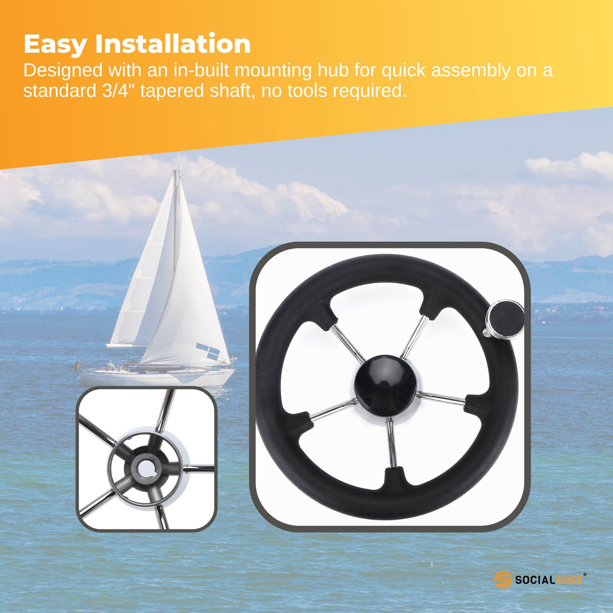 13.5" Boat Steering Wheel With Grip Cover - Stainless Steel 3/4" 5 Spoke With Knob โ image 5