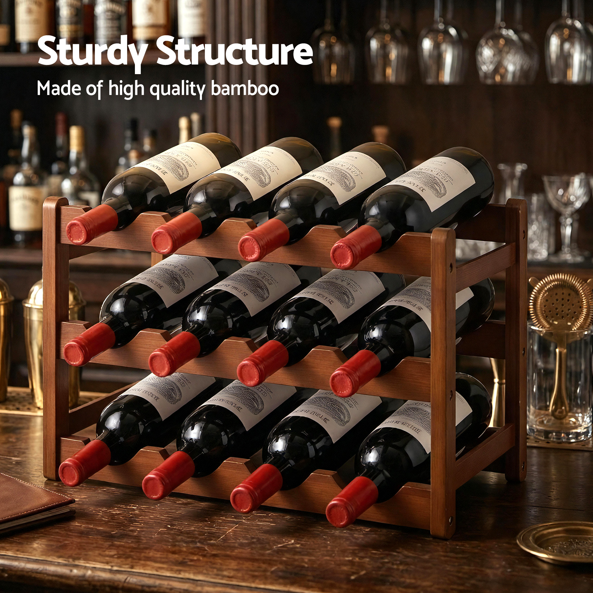 Artiss Bamboo Wine Rack 3-Tier Display Storage Organizer 12 Bottle Walnut โ image 5