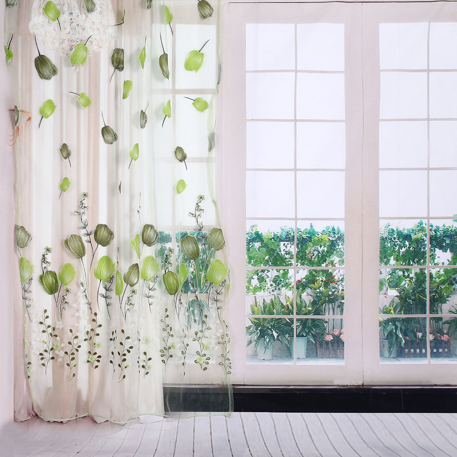 100*200cm Tulips Printing Tulle Curtains Sheer Drape Balcony Window Decoration Green