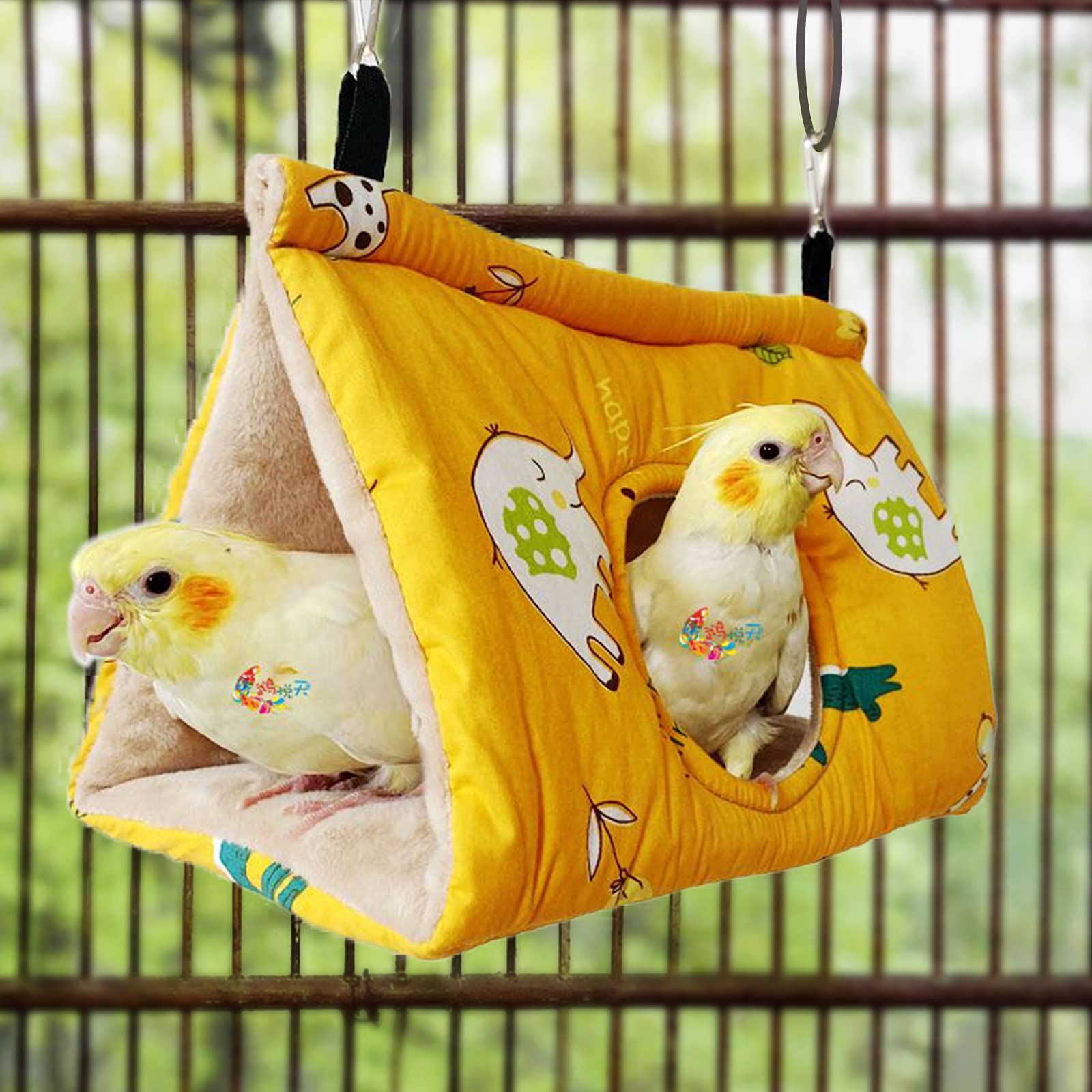 Winter Warm Bird Nest House - Hanging Hammock Velvet Shed Hut Cage Plush Fluffy Birds Hideaway Sleeping Bed Medium(Yellow) — image 4