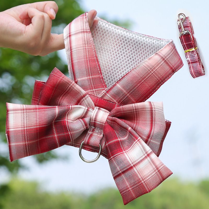 Plaid Pet Dog Cat Vest Harness with Skirt 273 Vest Traction Wine Red XL (pet 5.50 kg-7.00 kg recommended)
