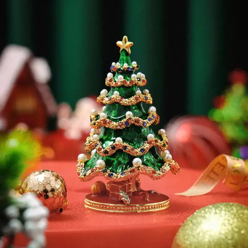 Enamel Christmas Tree Jewelry Box – Rhinestone & Pearl Luxe Desk Decor, Ring & Earring Storage, Perfect for Christmas, Birthdays, Housewarmings, Ideal Gift for — image 3
