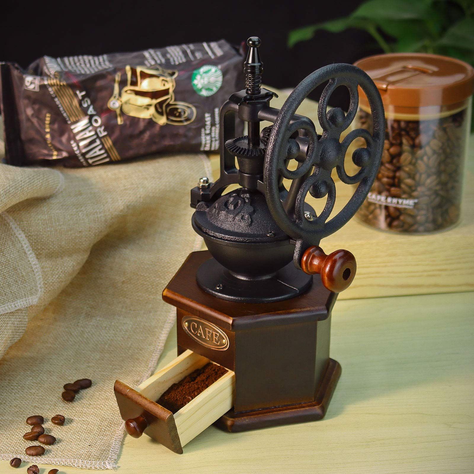 Wooden Coffee Bean Grinder Manual Coffee Grinder Roller, Antique Coffee Mill with Cast Iron Hand Crank for Making Mesh Coffee — image 5