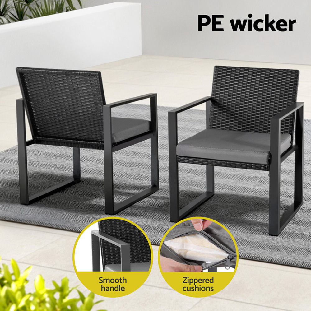 Gardeon 3PC Outdoor Bistro Set Patio Furniture Wicker Dining Chairs Table Cushion Black โ image 5