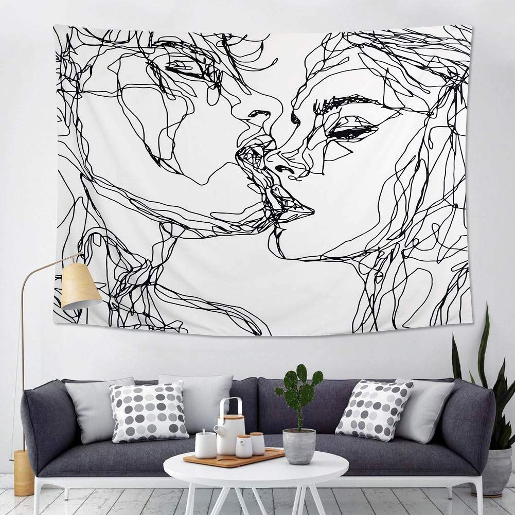 Women/Men Abstract Sketch Art Kiss Lovers Tapestry/Kissing Tapestry Wall Hanging Black and White Line Art Tapestry โ image 3