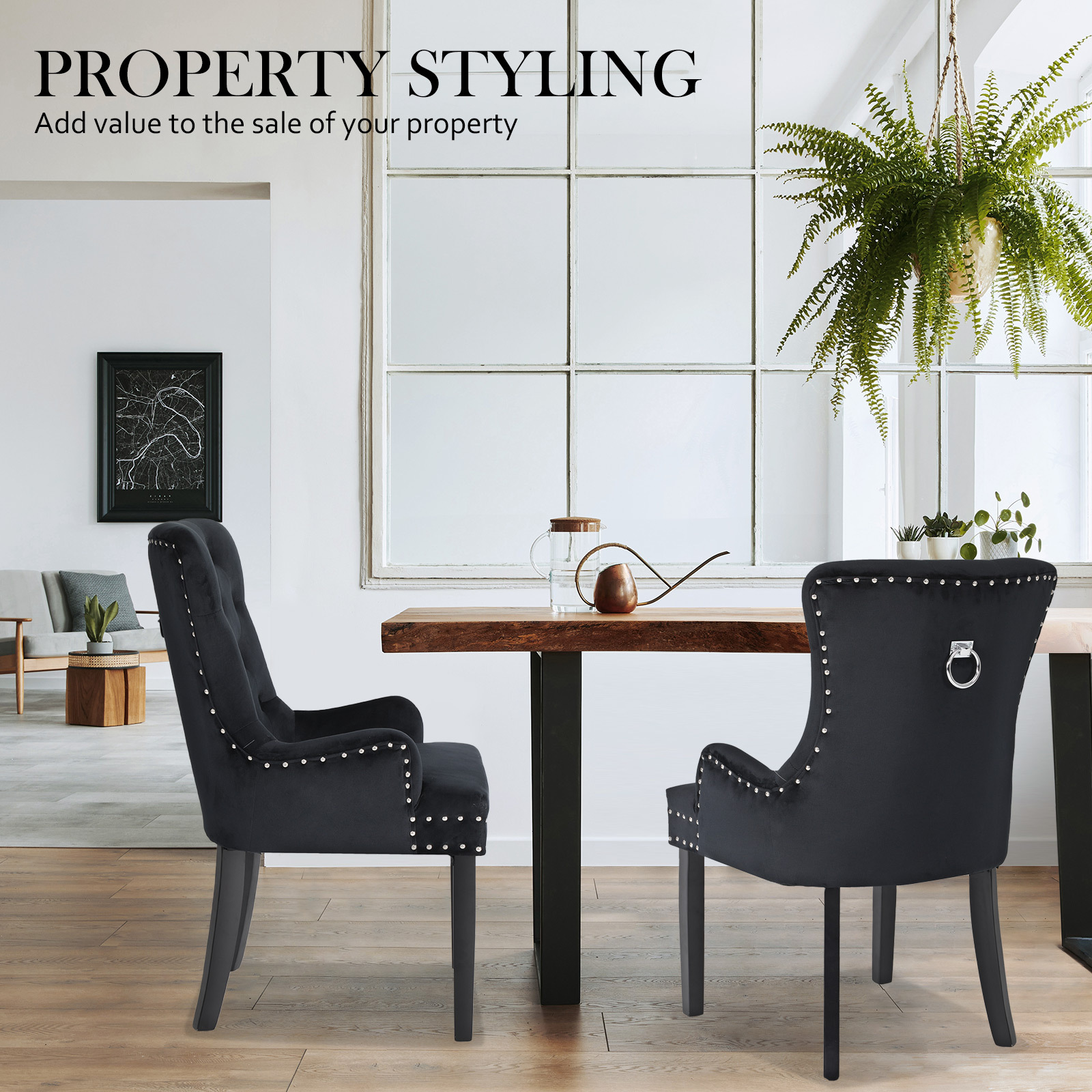 French Provincial Dining Chair Ring Studded Velvet Rubberwood Leg LISSE BLACK โ image 6