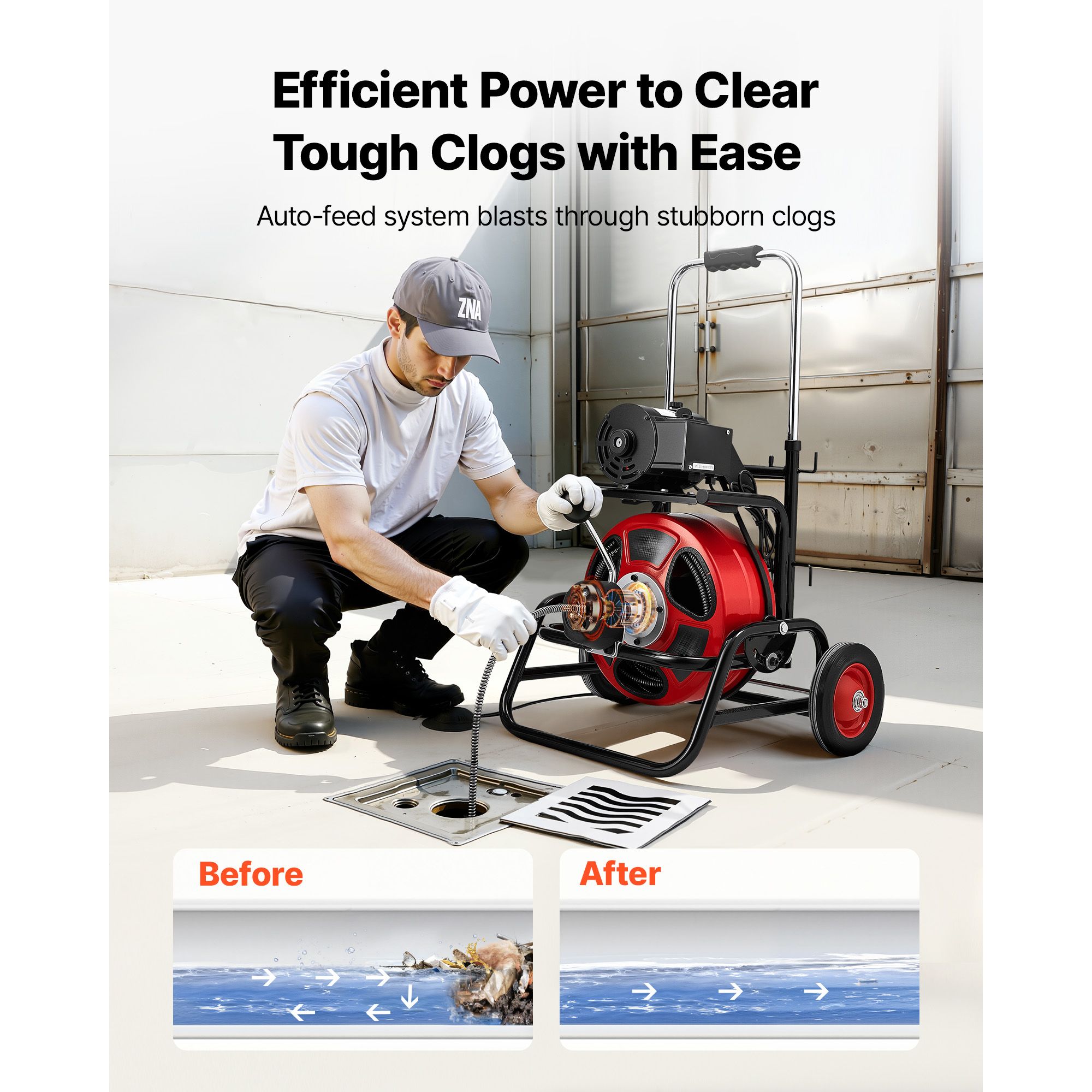 Drain Cleaner Machine 22m x 12.7mm, Auto Feed Sewer Snake Auger, Portable Drain Cleaning Machine with Climbing Wheels, Adjustable Drum, 8 Cutters & Foot Switch โ image 2