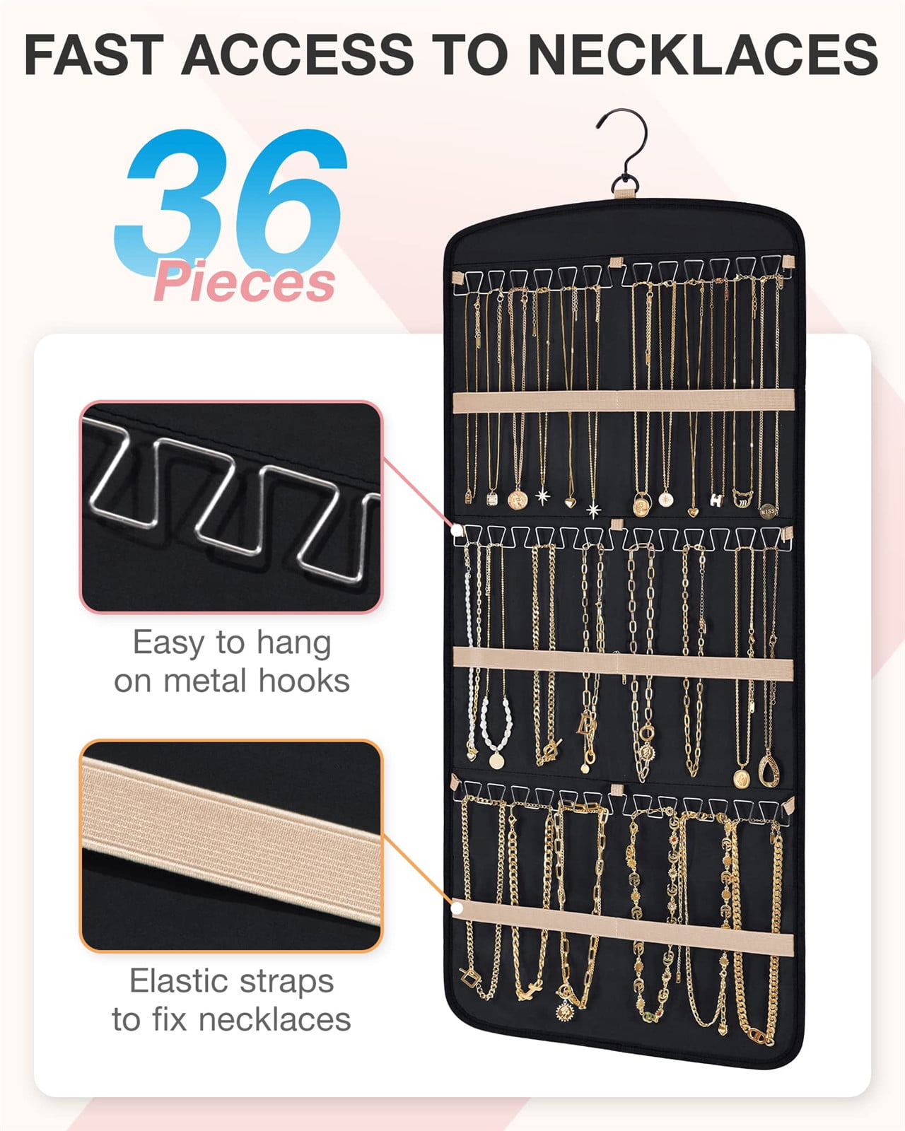 Hanging Jewelry Organizer Necklace Holder Anti-tangle Earrings Rings Hanger with 20 Jewelry Bags Travel Storage Roll with Pockets Hang on Closet, Wall, Door,1 — image 2